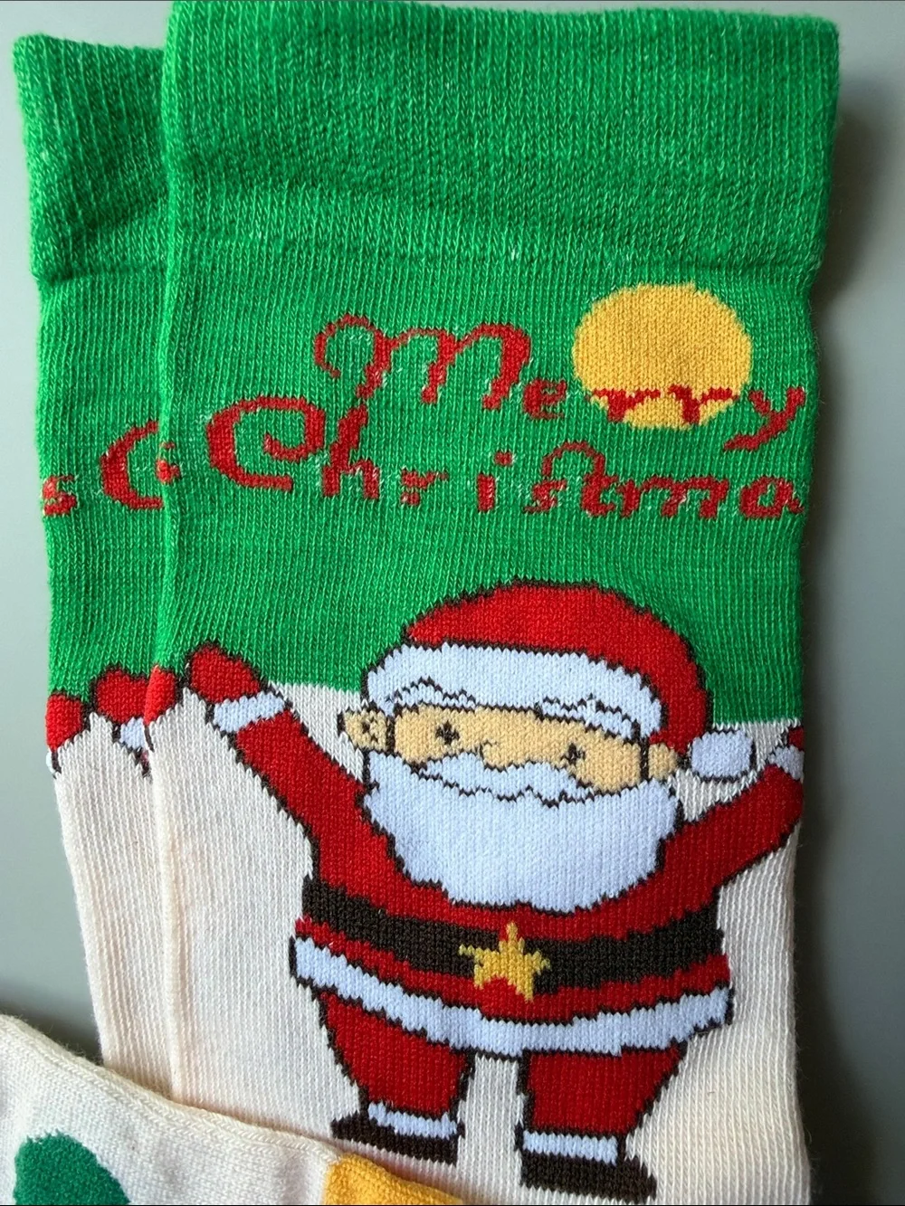 Merry Christmas Santa Crew Socks - Green & Cream Dots Festive Socks-NWOT